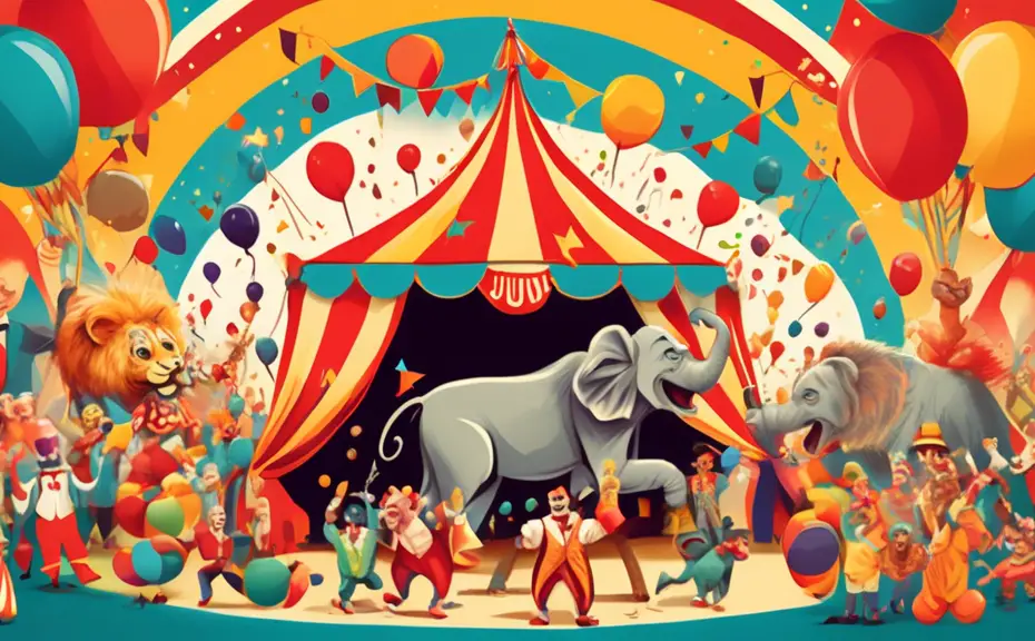 Create an image of a whimsical circus scene under a colorful big top tent, featuring clowns performing slapstick comedy, a juggling elephant balancing on a ball, and a lion wearing a bow tie laughing