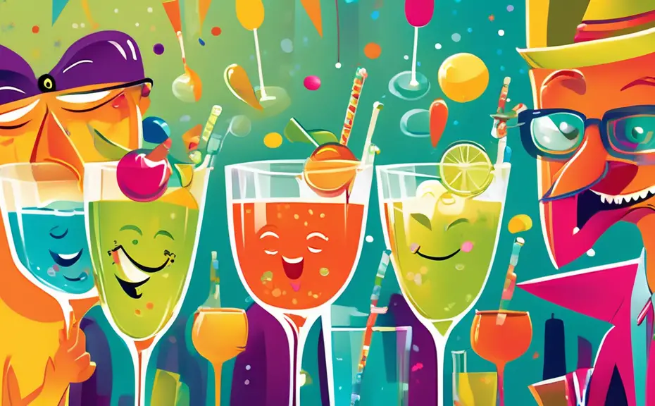 A lively cocktail party scene where animated, anthropomorphic drinks are sharing puns with each old-fashioned glass, martini, and margarita glass sporting a joyful expression. There is laughter, comic