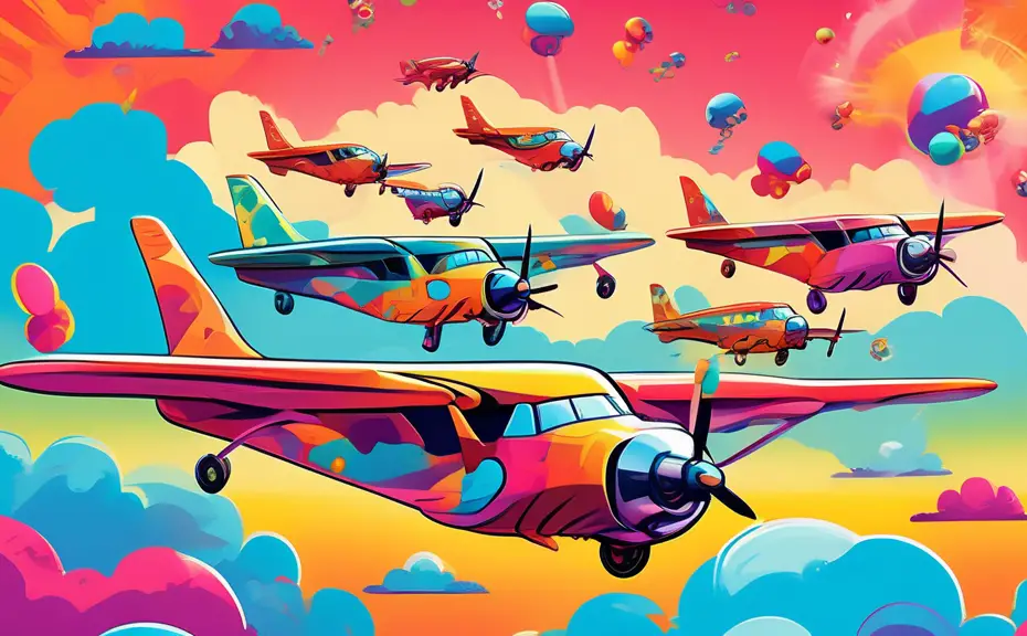 Digital illustration of anthropomorphic airplanes in a bright, colorful sky, each airplane with a comic bubble featuring a clever pilot pun, in a vibrant, cartoonish style.