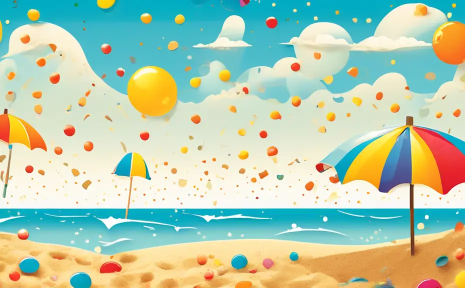 Create an image of a sunny beach scene where each grain of sand is humorously shaped like tiny smiling faces, with a large colorful umbrella and a beach ball that also have playful expressions. In the