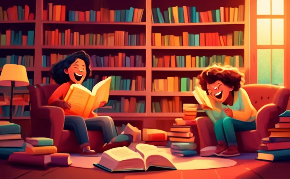 An animated library scene with books laughing on the shelves, some with their pages open wide as if telling jokes to each other, in a cozy, warmly lit environment.