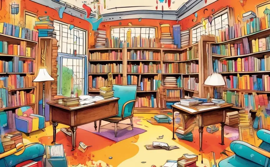 Create an image of a whimsical library setting where the furniture and decor items are made up of giant, colorful writing tools: pens, pencils, typewriter-shaped chairs, and bookshelves filled with bo
