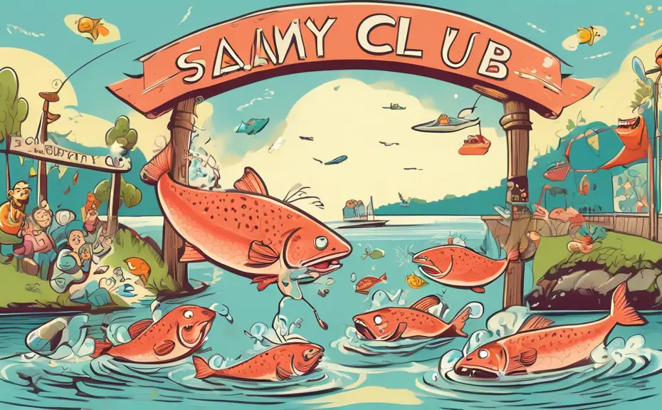 A cartoon scene of anthropomorphic salmon telling jokes to a laughing audience of various sea creatures on a riverbank, with a comedy club sign shaped like a fish hanging overhead, under a sunny sky.