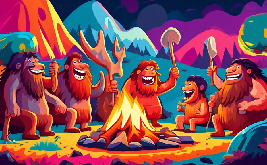 Create an image of a group of cartoon cavemen laughing around a campfire, one of them waving a big bone comedically, with a woolly mammoth in the background, all set in a colorful, vibrant prehistoric