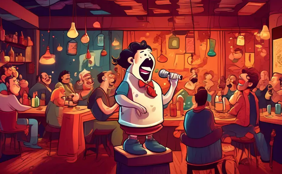 Create a whimsical illustration of an animated salt shaker performing stand-up comedy in a cozy, dimly-lit club, filled with an audience of various spices and condiments laughing heartily.