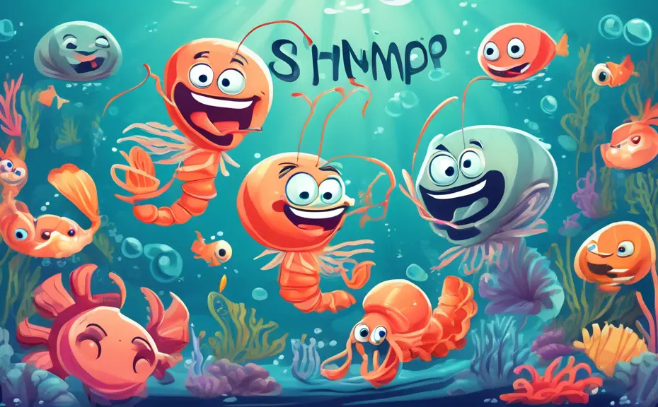 Cartoon underwater scene with anthropomorphic seafood characters telling jokes to each other, featuring a smiling shrimp holding a microphone on a seaweed stage, a laughing clam audience, and playful