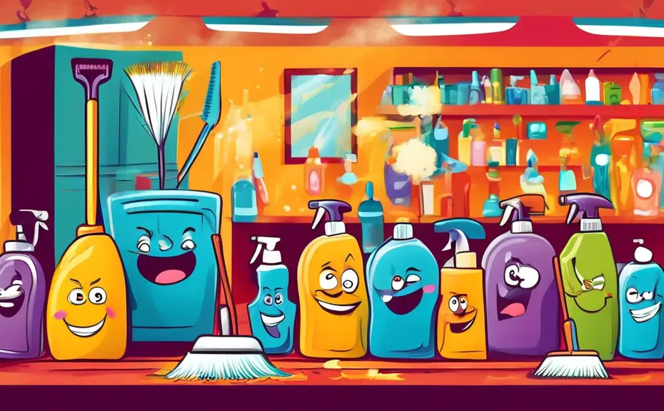 An illustrated scene of various cleaning products (broom, mop, spray bottle) with cartoon faces, standing in a comedy club performing stand-up comedy to an audience of assorted household items (sponou