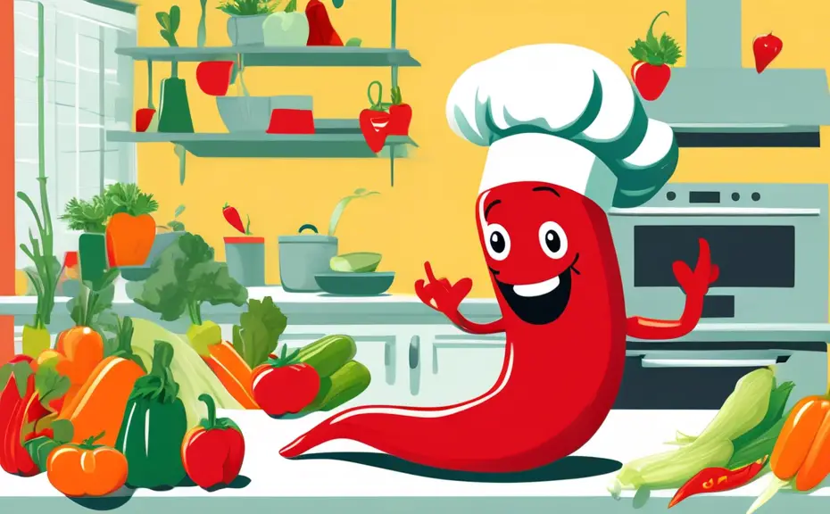 A colorful illustration of an animated chili pepper wearing a chef's hat, standing at a kitchen counter, holding a cookbook titled Pepper Puns surrounded by various other cheerful vegetables laughing