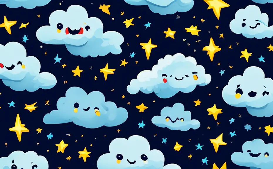 Create an image of a group of cartoonish clouds laughing together, each cloud resembling a face, as they throw pun-laden lightning bolts at each other against a starry night sky.