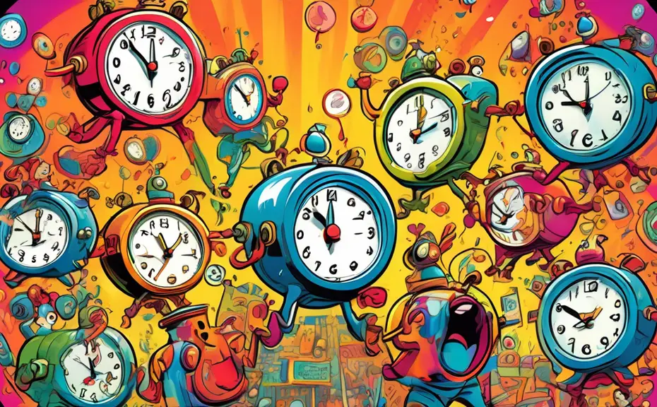 A whimsical illustration of anthropomorphic clocks in a vibrant comic book style, engaging in a stand-up comedy show, with the clocks telling puns to each other in a bright, colorful setting with spee