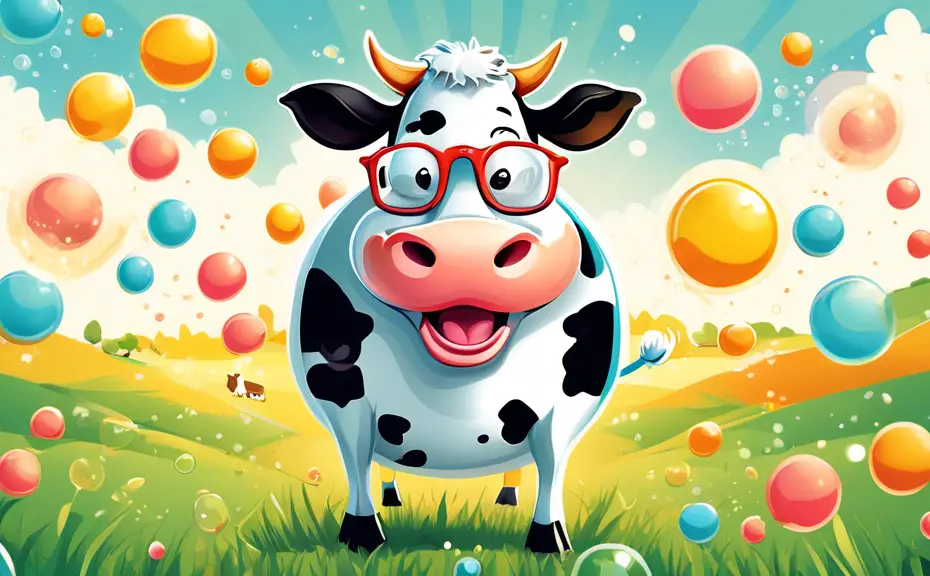 Create an image of a cartoon cow wearing glasses and laughing, surrounded by bubbles containing dairy-related puns like You're so moovelous! and Dairy funny! in a sunny, grassy field.