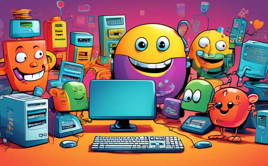 A cartoon scene in an office setting filled with anthropomorphic computer parts (like a smiling CPU, a laughing keyboard, and a comical mouse) sharing jokes with each other by displaying speech bubble