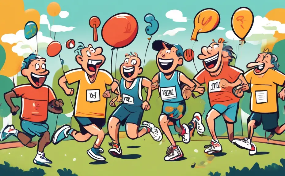 A cartoon-style illustration of a jovial group of anthropomorphic running shoes, each with expressive faces, engaging in a comedy show on a stage set in a scenic park, with pun-filled speech bubbles a