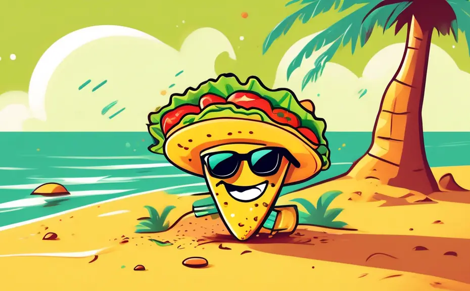 A vibrant and playful illustration of a cartoon taco wearing sunglasses, lounging under a palm tree on a sunny beach, with speech bubbles containing various taco puns like “Lettuce taco 'bout it” and