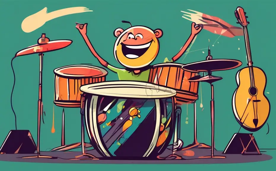 A cartoon image of a smiling drum and drumsticks, both with animated faces, standing in a comedy club setting with a microphone, performing stand-up comedy to an audience of various musical instrument