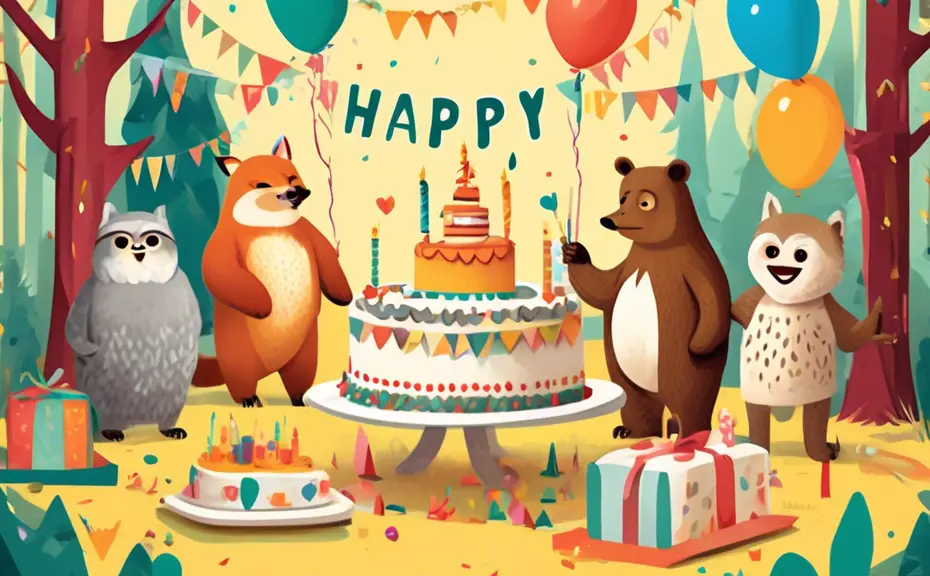 Create a whimsical illustration of a festive birthday party in a forest. In the scene, various animals such as a bear, a fox, and an owl are dressed in party hats, cheerfully sharing pun-filled birthd