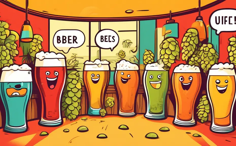 An illustration of a group of joyful cartoon beers in a bar, each with a speech bubble containing a witty pun, in a vibrant, humorous style set against a backdrop of hops and barley.