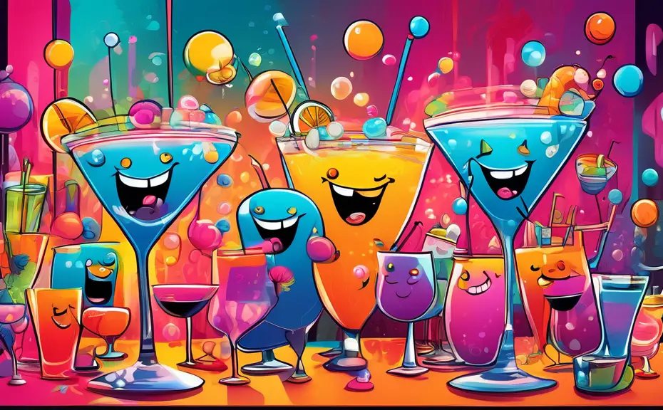 A vibrant cartoon-style bar scene with anthropomorphic cocktail glasses, each displaying a comical expression, telling jokes to each other, with laughter bubbles and pun-filled punchlines floating abo