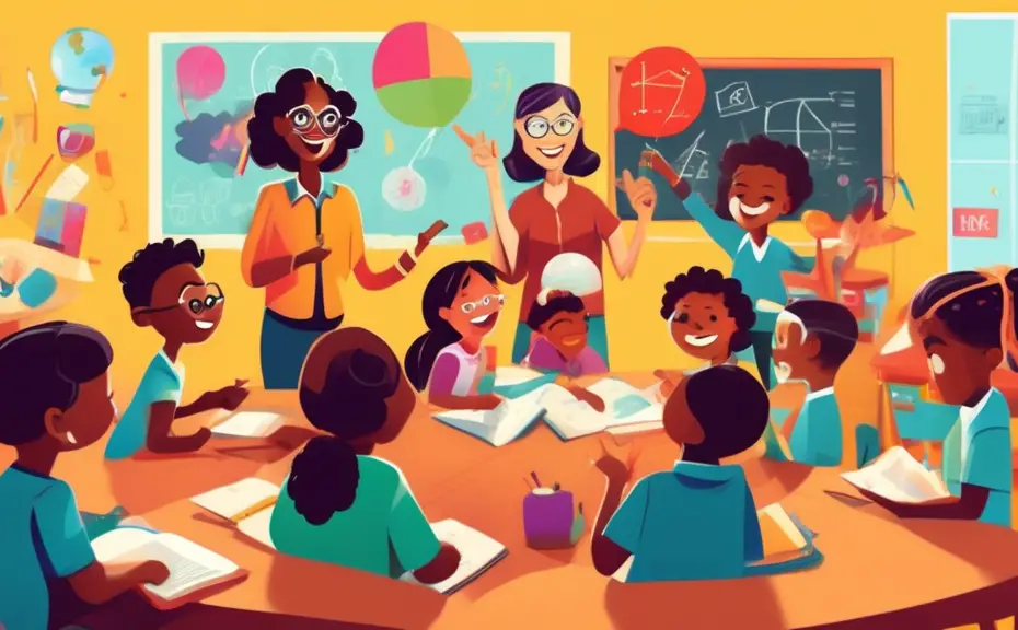 Create an illustration of a cheerful, diverse group of elementary students sitting in a colorful classroom, each holding up a speech bubble with a funny education pun, while a friendly teacher in glas