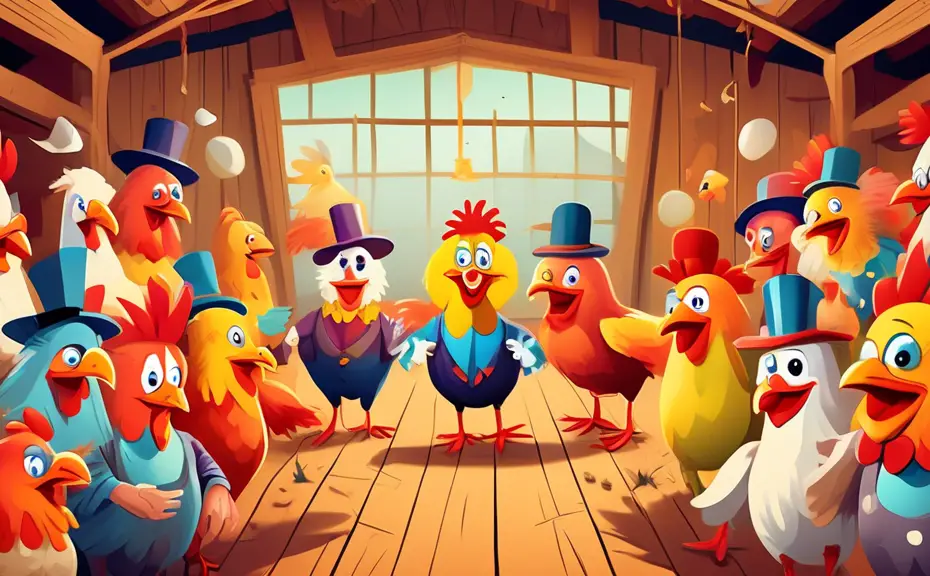 A whimsical, colorful cartoon scene featuring a group of chickens in a barn, each dressed in humorous costumes such as a stand-up comedian, a clown, and a magician, telling jokes to an audience of var