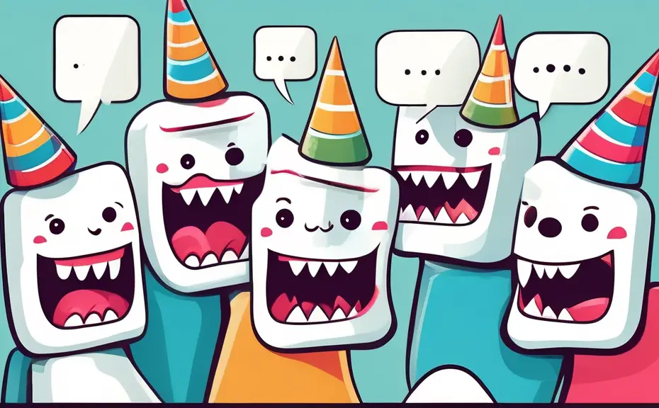 An illustration of a jovial group of cartoon teeth and jaws, each wearing a party hat and cracking jokes with speech bubbles filled with puns, in a brightly colored, comic-style dental office setting.