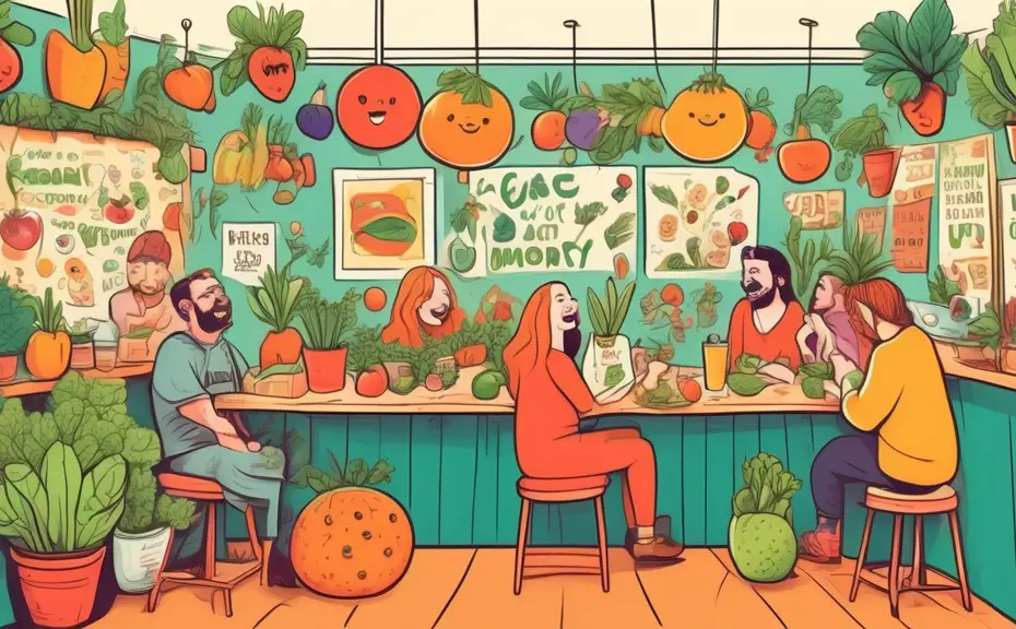 An illustrated scene in a cozy vegan cafe filled with adorable animals and plants, each making puns about veganism; a carrot on stage performing stand-up comedy, an audience of fruits and vegetables l