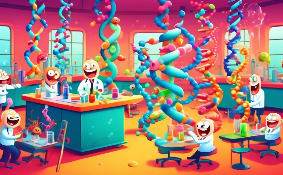 Image of a cartoon-style biology lab setting with anthropomorphic DNA strands telling jokes to a group of amused proteins and enzymes, in a vibrant, colorful science classroom.