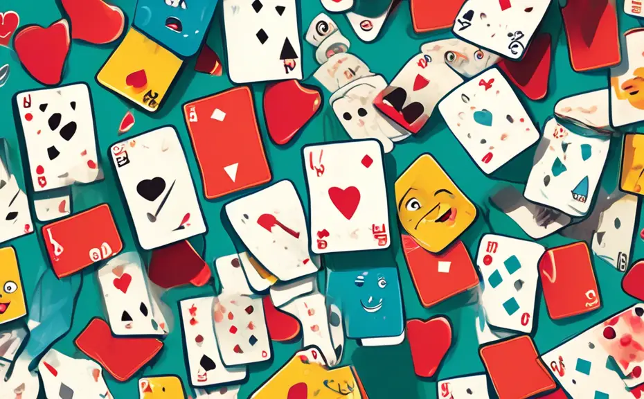 An illustrated deck of playing cards, each with a playful and humorous facial expression, engaging in various pun-filled conversations, set on a vibrant, cartoon-style poker table.