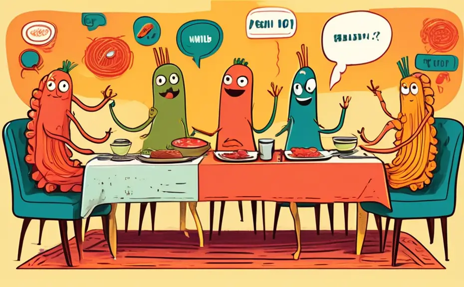 An illustrated dinner scene featuring anthropomorphic food items like a laughing spaghetti, a joking carrot, and a witty steak, each with speech bubbles containing puns, sitting around a dinner table