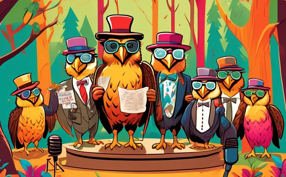 An illustrated cartoon scene of various hawks wearing comedic glasses, hats and bow ties, gathered around a microphone on a stand-up comedy stage, each holding a card with a pun written on it, in a vi