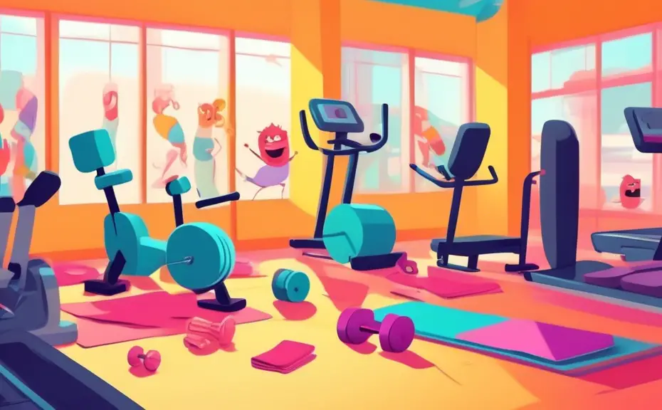 An animated gym scene where all the equipment is laughing and exchanging puns, featuring cheerful dumbbells, a giggling treadmill, and a chuckling yoga mat in a vibrant, cartoon-style fitness center.