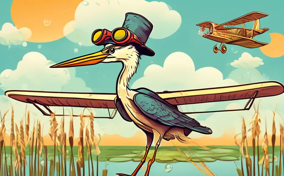 Cartoon-style heron wearing a pilot's hat and goggles, flying a vintage airplane made out of reeds and water lilies, with speech bubbles containing puns, in a colorful, whimsical sky.