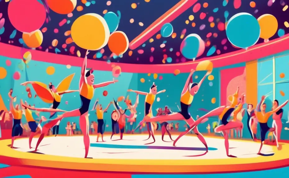 An animated scene in a vibrant, colorful gym where cartoon gymnasts wearing whimsical outfits are performing acrobatic moves, each featuring a playful speech bubble with a pun related to gymnastics, a