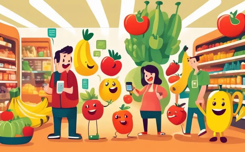 Create an image of a bustling, colorful grocery store scene with various fruits and vegetables displaying speech bubbles filled with puns. Each item, like a smiling banana, a laughing tomato, and a ch