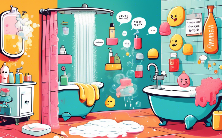 A whimsical illustration of various cute, cartoon-style shower items (soap, shampoo, sponge) with speech bubbles containing clever puns, all having a jovial conversation in a steamy, colorful bathroom