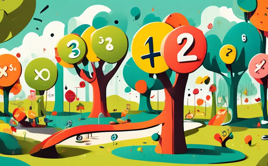 An illustrated scene of cartoon numbers playing in a park with math pun speech bubbles, styled in bright, playful colors, incorporating elements like a slide shaped like a graph curve and tic-tac-toe