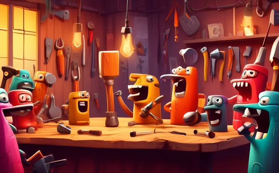 An anthropomorphic hammer telling jokes to a crowd of various tools in a cozy, vibrant workshop, with each tool laughing and reacting in their own unique way, under warm, inviting lighting.