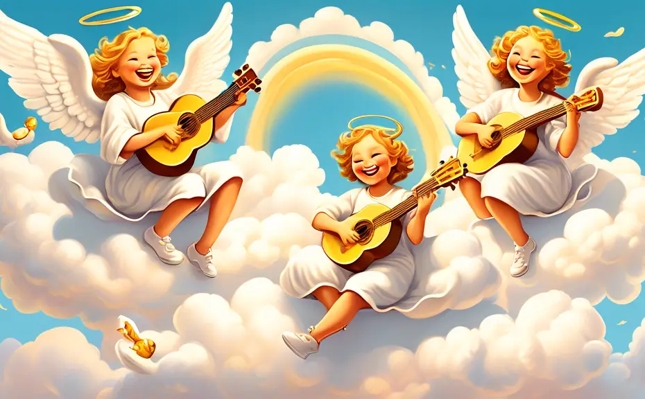 An illustration of a group of cheerful angels sitting on clouds, each holding a golden harp, exchanging jokes and laughing heartily with a backdrop of a bright, sunlit sky and fluffy white clouds.