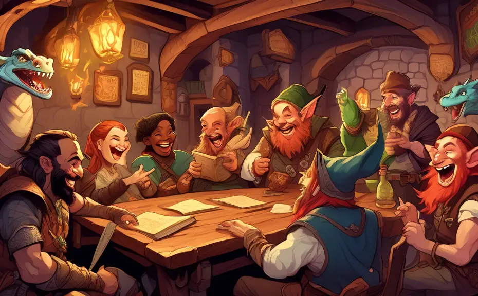 A vibrant fantasy tavern scene with a group of diverse Dungeons and Dragons characters laughing, one character, an elf, is holding a spellbook while telling a joke to a dragon, a dwarf, and a wizard;