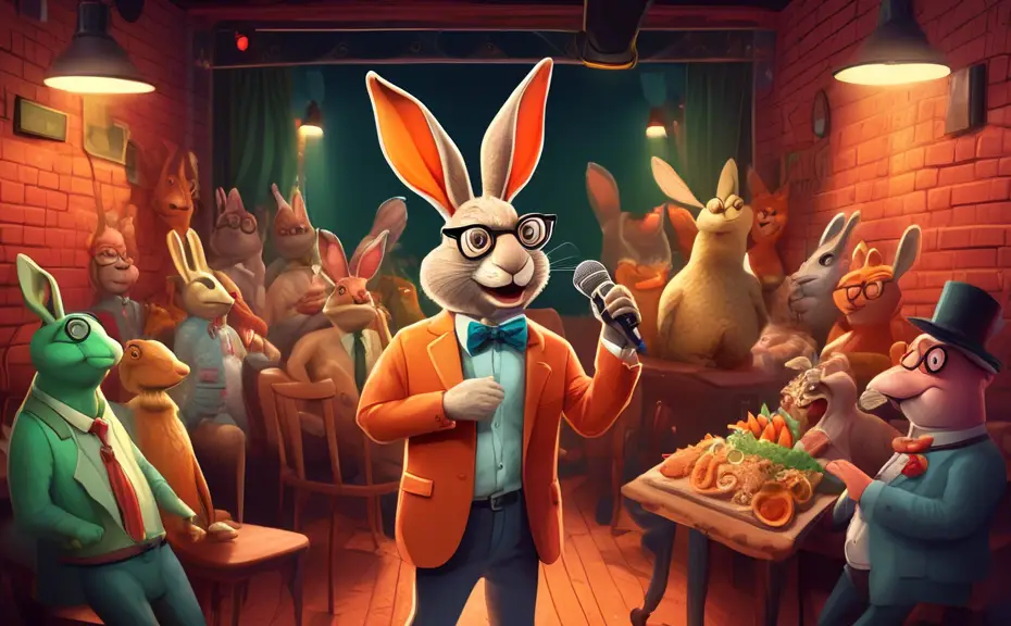 An anthropomorphic hare standing on a comedy stage in a carrot-themed comedy club, holding a microphone and wearing a bow tie and glasses, with an audience of various amused animals including turtles