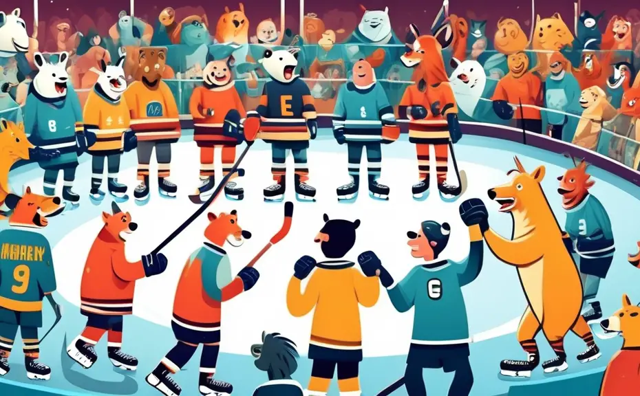 An illustrated cartoon scene at a vibrant ice hockey game filled with various characters (animals and humans) smiling and exchanging funny puns, with speech bubbles containing witty phrases about ice