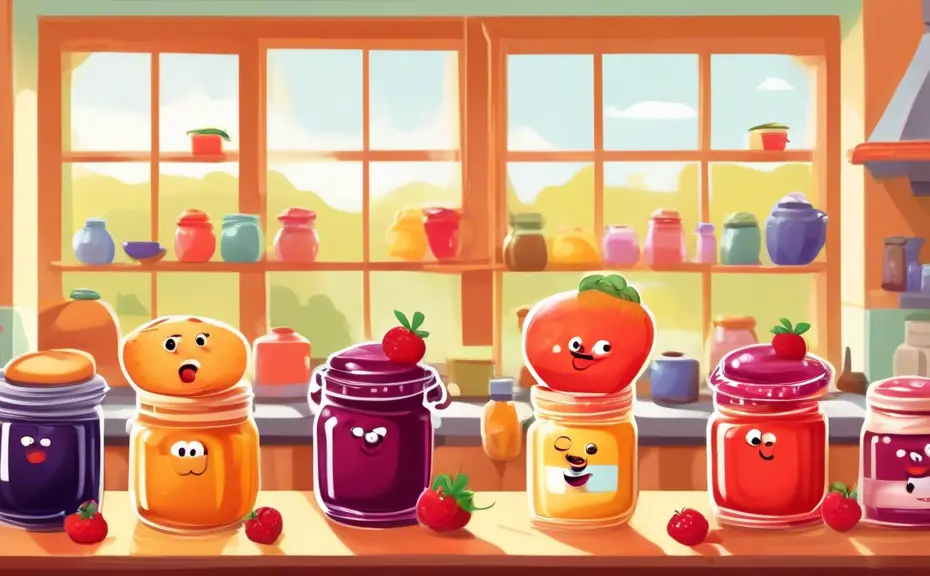 Create an image of a joyful kitchen scene with various jars of jam with animated faces, each telling jokes to each other. The kitchen should look cozy and colorful, with a bright, sunny window, and a