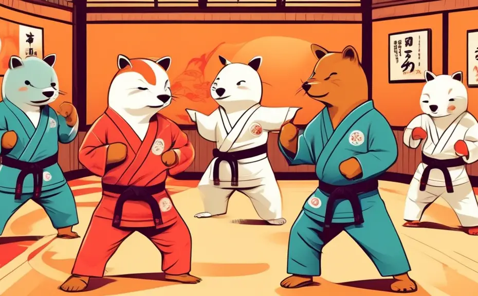 An illustrated scene of personable animals in karate uniforms, engaging comically in martial arts training while exchanging puns, set in a dojo with traditional Japanese decor.