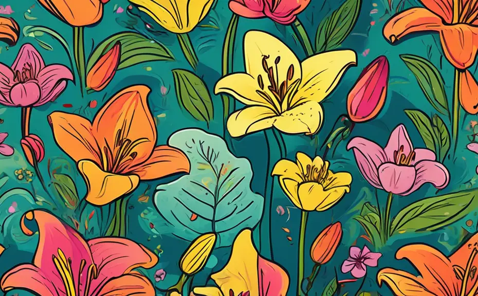 Create a whimsical illustration of joyful cartoon lilies telling jokes in a lush, vibrant garden, each flower with a smiling face, expressive eyes, and comic speech bubbles containing puns.