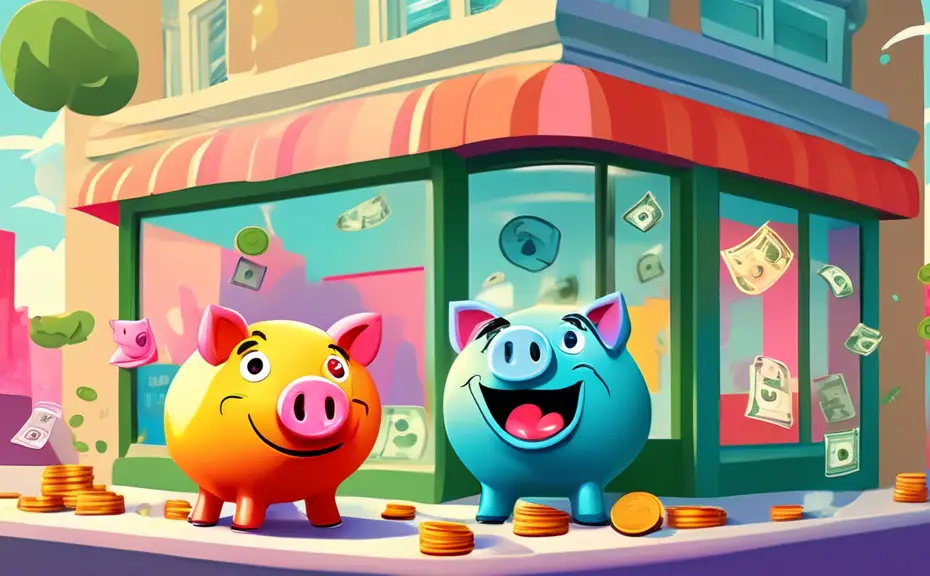 An animated scene at a whimsical bank where coins and dollar bills with cartoon faces are chuckling and exchanging puns at the teller’s window, with a joyful piggy bank in the background, all set in a