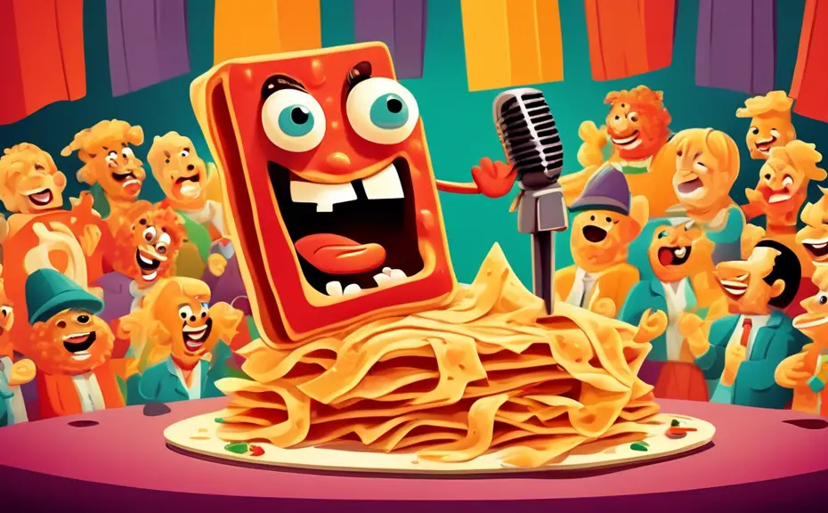 An anthropomorphic lasagna piece standing on a comedy stage, holding a microphone, surrounded by an audience of assorted pastas and cheeses laughing, in a colorful cartoon style.