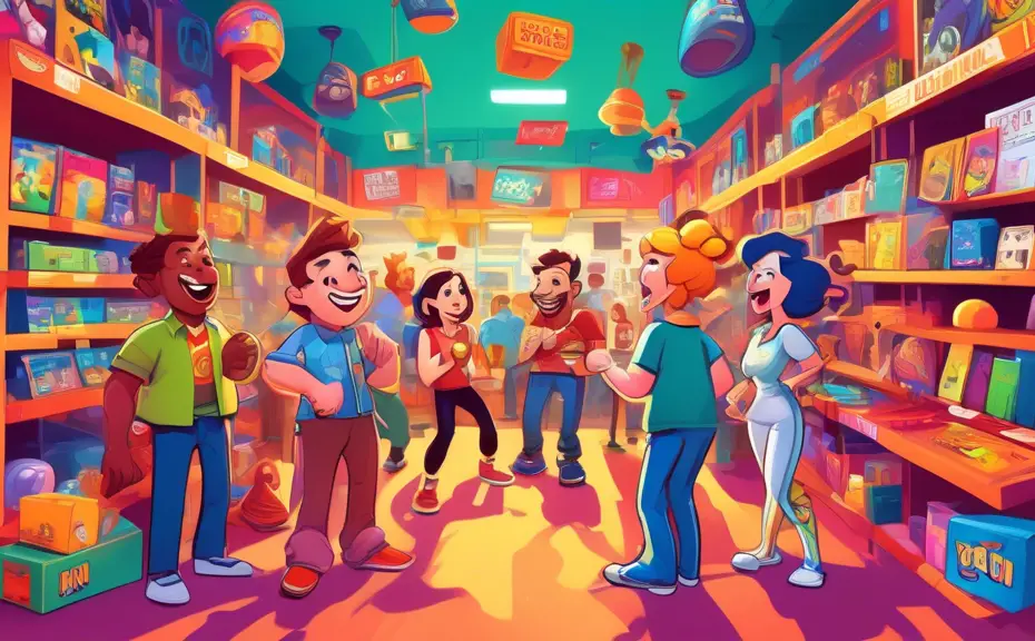 An animated scene in a vibrant, cartoon-style game store where characters from different video games are laughing and exchanging puns, surrounded by shelves filled in game boxes and gaming paraphernal