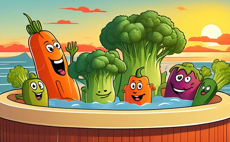 Cartoon of a group of vegetables relaxing in a hot tub, with a broccoli saying 'This is steaming good!' to a laughing carrot and a chill pepper, set against a sunset background on a spa deck.