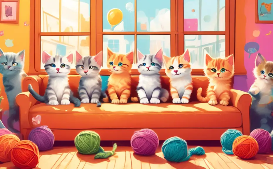 Create an image of a group of animated kittens sitting in a cozy, colorful living room, each displaying playful expressions and speaking bubbles containing cat-related puns. One kitten is playing with