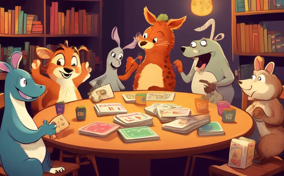 An illustrated scene of a whimsical game night, featuring a group of diverse cartoon animals sitting around a table filled with quiz cards, each card featuring a punny question. The setting is cozy, w